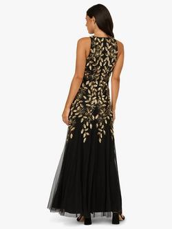 Adrianna Papell Beaded Godet Gown, Black/Gold - view 2, Black/Gold