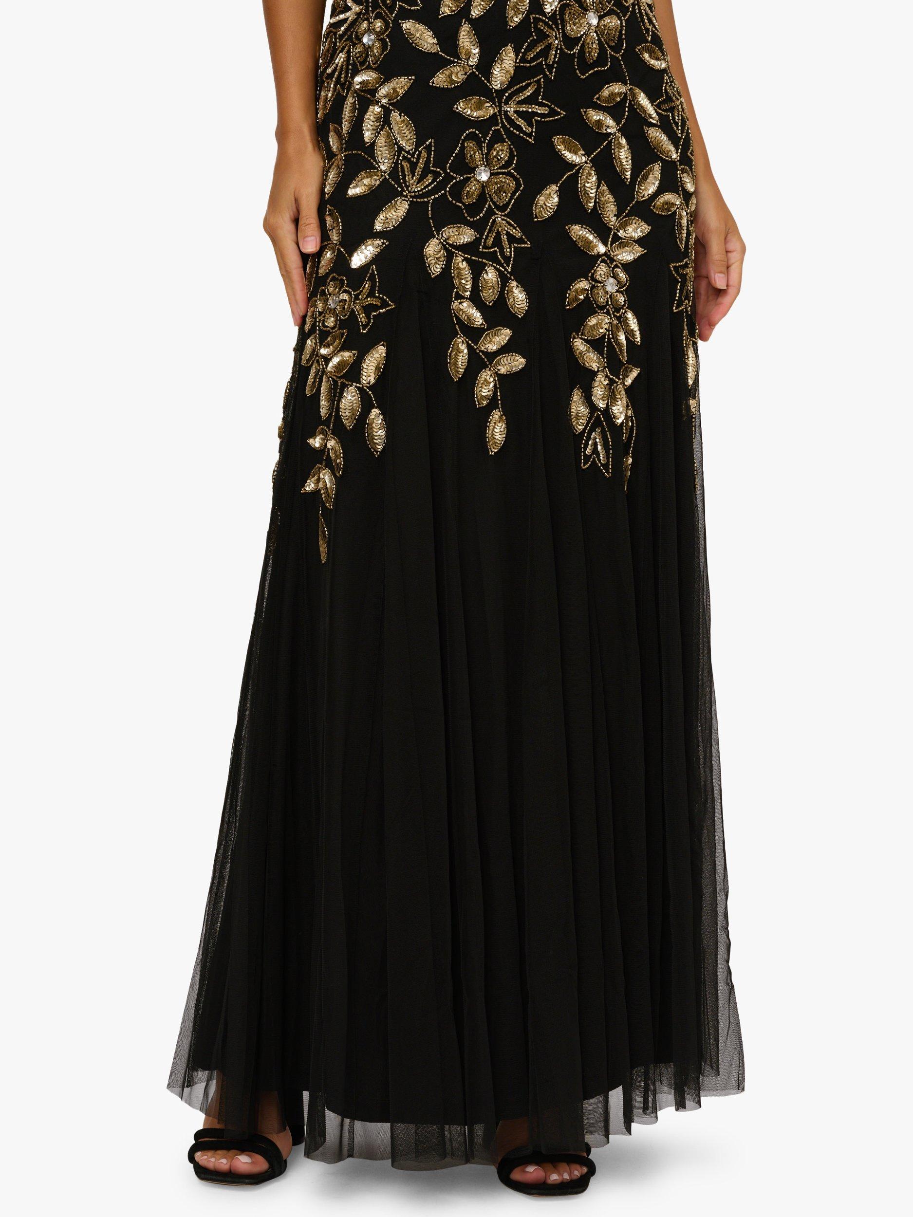 Adrianna Papell Beaded Godet Gown, Black/Gold