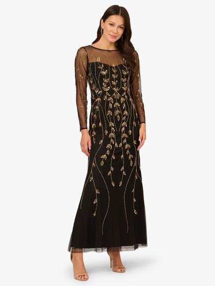 Adrianna Papell Studio Long Sleeve Beaded Mermaid Maxi Dress, Black/Gold, Black/Gold