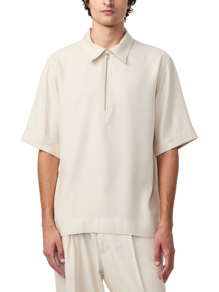 NN.07 Bruno Linen Blend Half Zip Polo Top containing LENZING™ ECOVERO™ Viscose, Ivory, Ivory