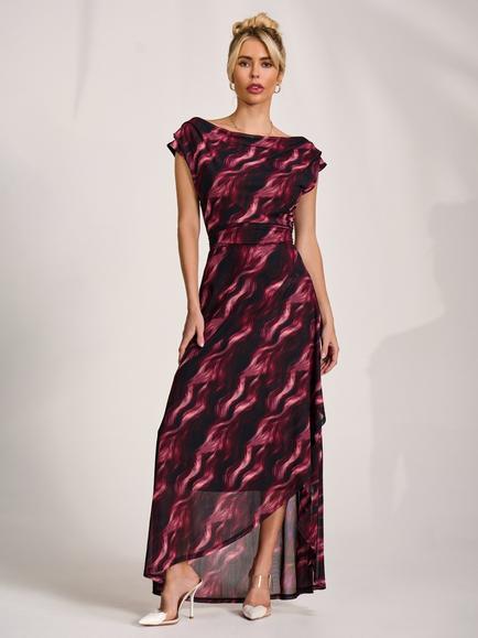 Jolie Moi Mesh Draped Short Sleeved Maxi Dress, Pink Abstract, Pink Abstract