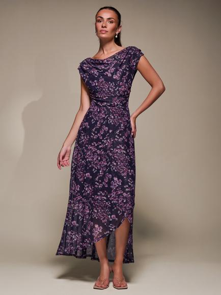 Jolie Moi Floral Drape Mesh Maxi Dress, Purple Floral, Purple Floral