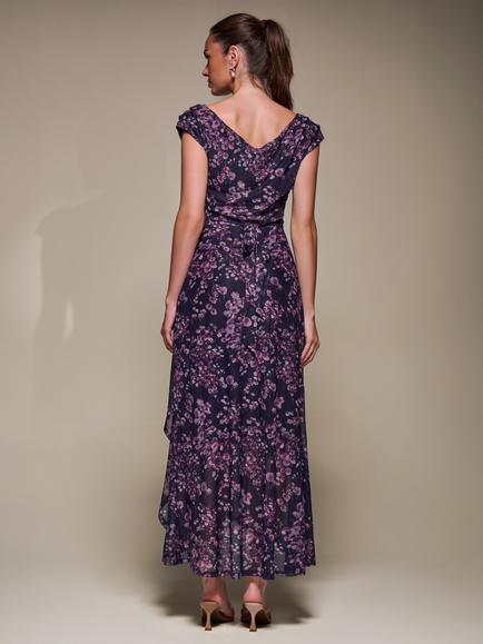 Jolie Moi Floral Drape Mesh Maxi Dress, Purple Floral - view 2, Purple Floral