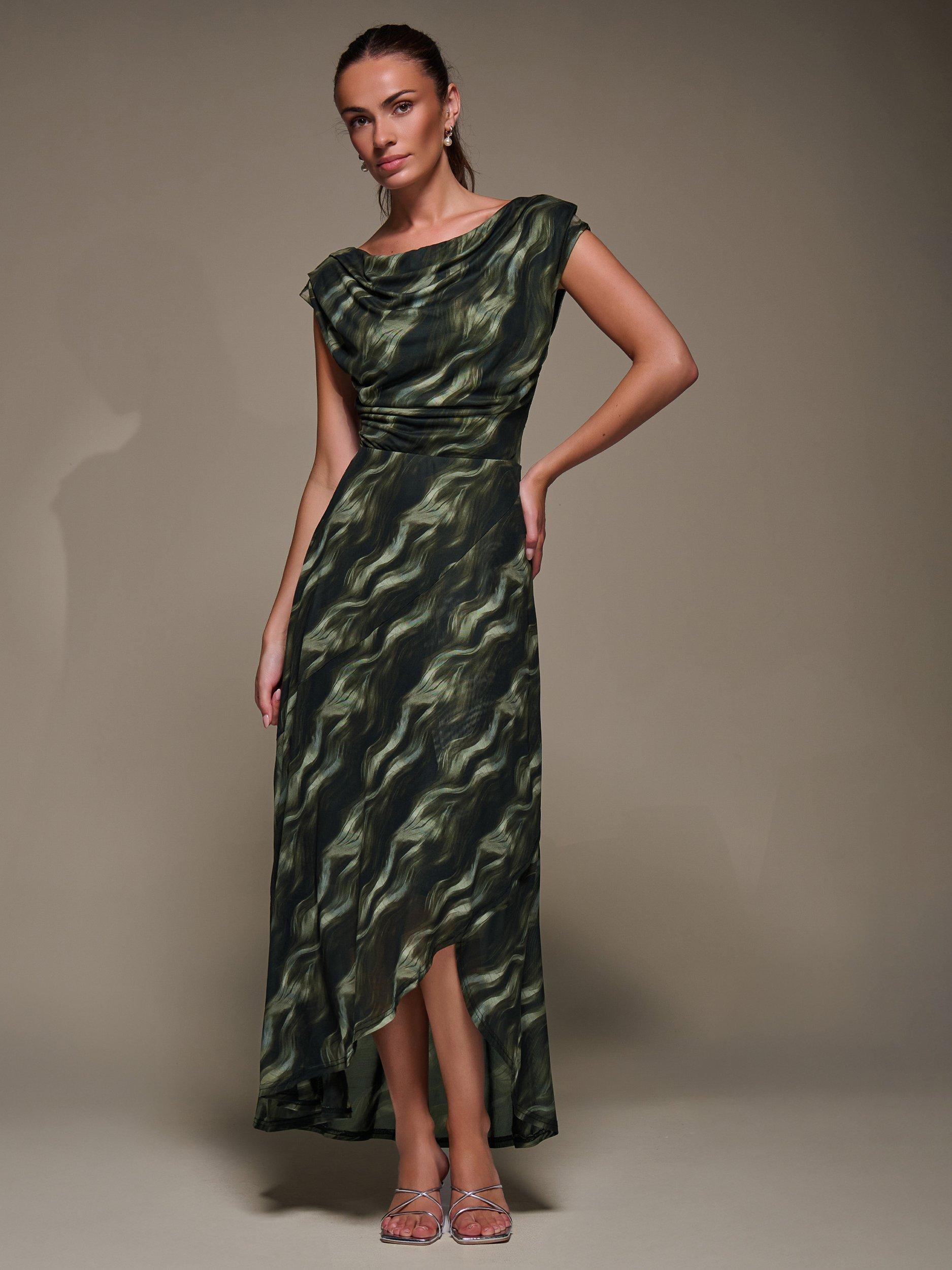Product image 1 of 6, which shows Jolie Moi Abstract Drape Mesh Maxi Dress, Khaki Abstract, 8
