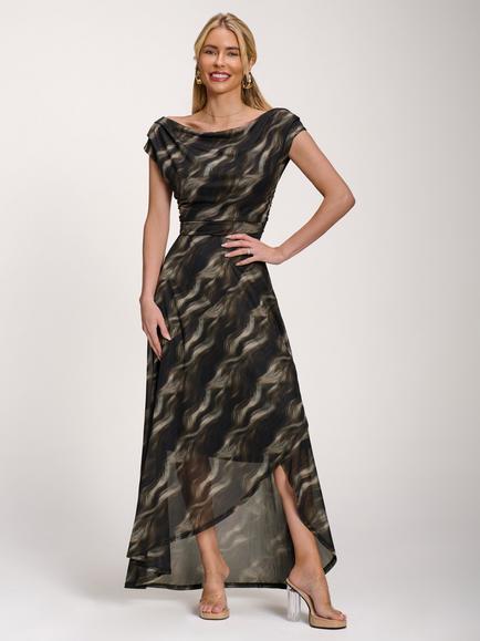 Jolie Moi Abstract Drape Mesh Maxi Dress, Khaki Abstract, Khaki Abstract