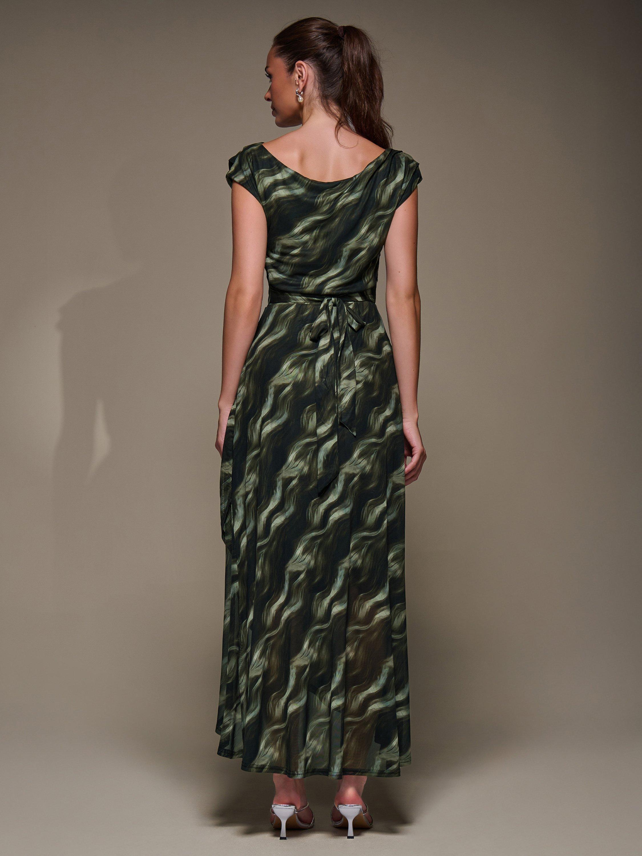 Product image 2 of 6, which shows Jolie Moi Abstract Drape Mesh Maxi Dress, Khaki Abstract, 8