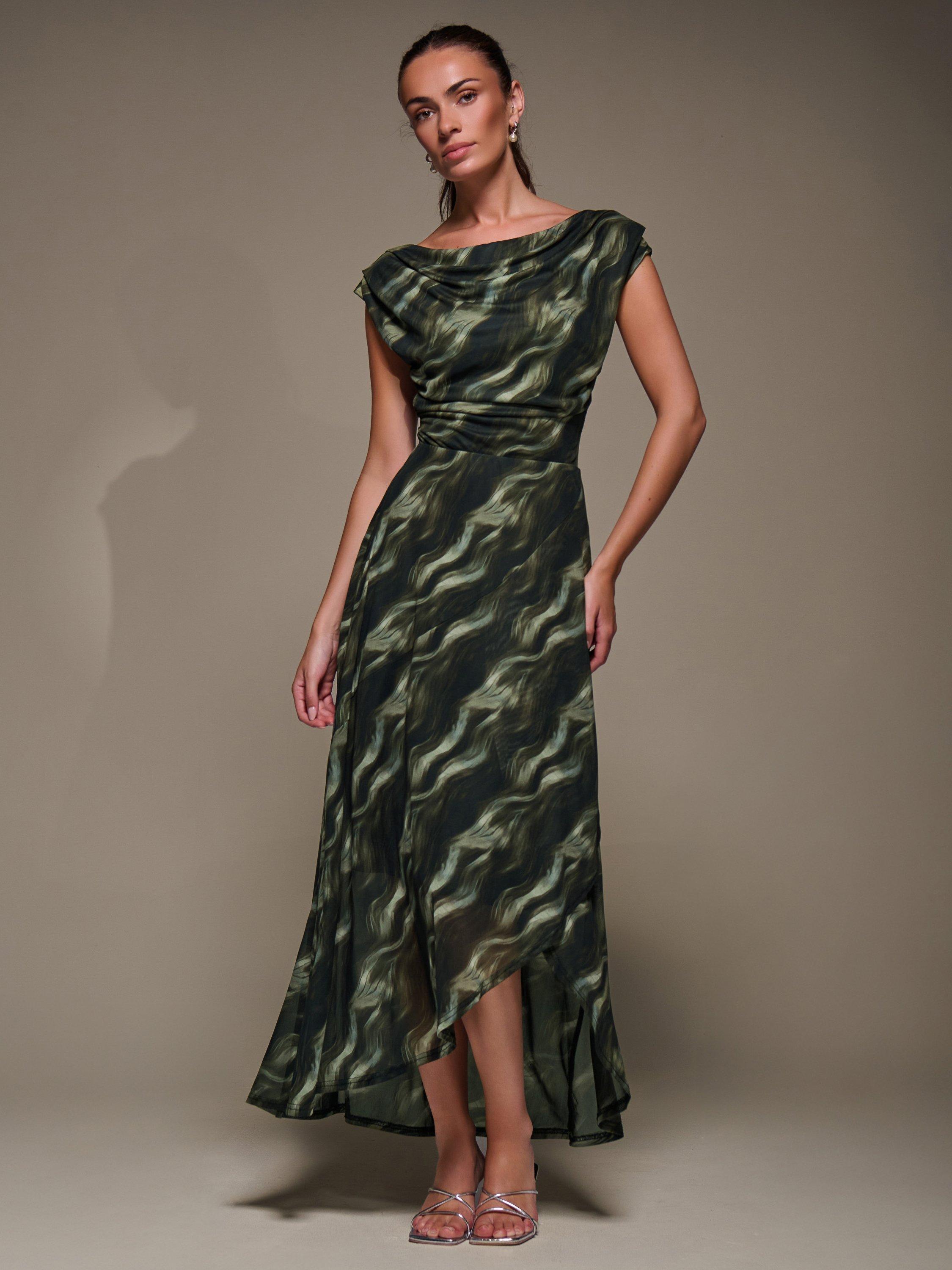 Product image 3 of 6, which shows Jolie Moi Abstract Drape Mesh Maxi Dress, Khaki Abstract, 8