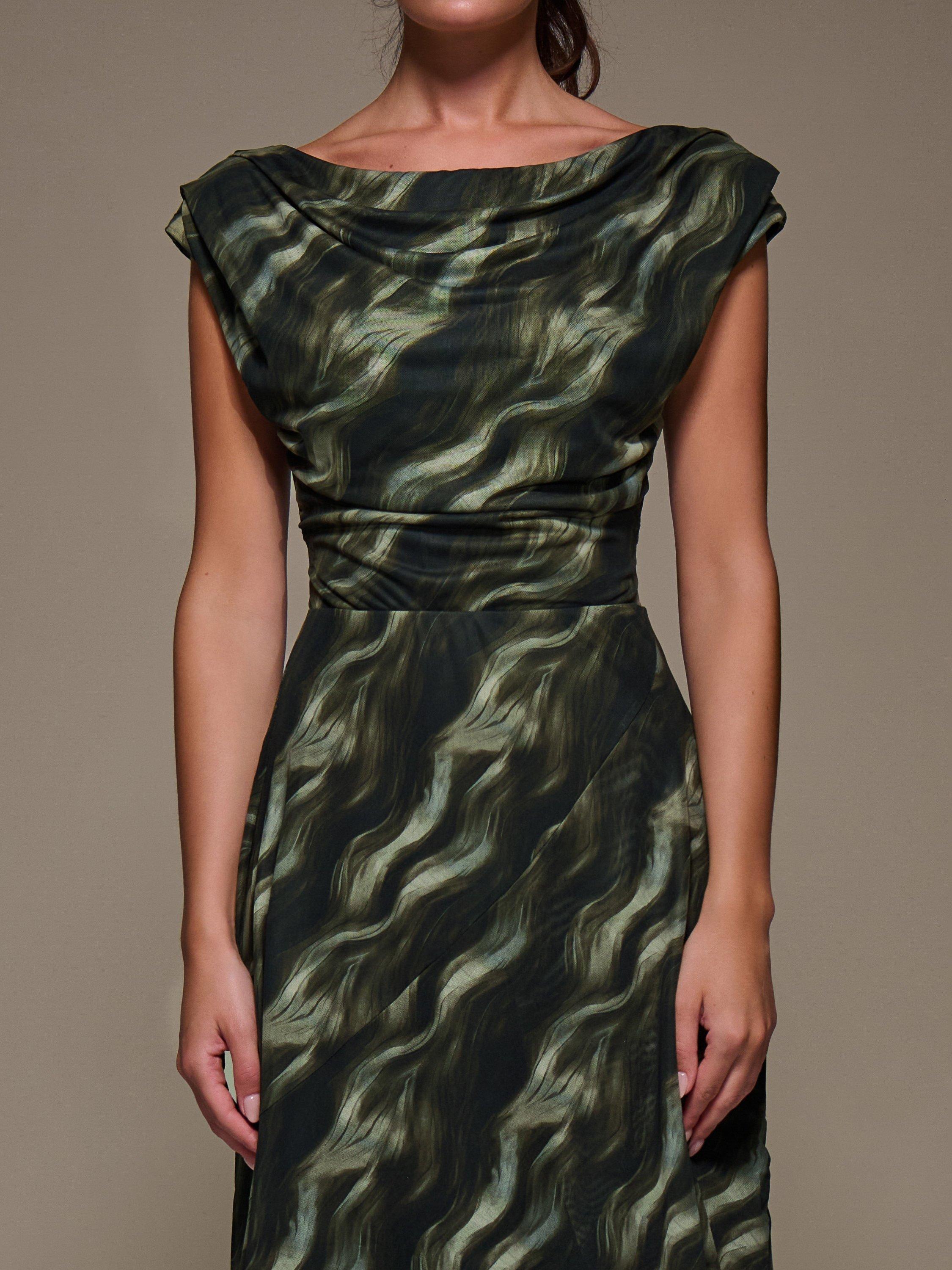 Product image 4 of 6, which shows Jolie Moi Abstract Drape Mesh Maxi Dress, Khaki Abstract, 8