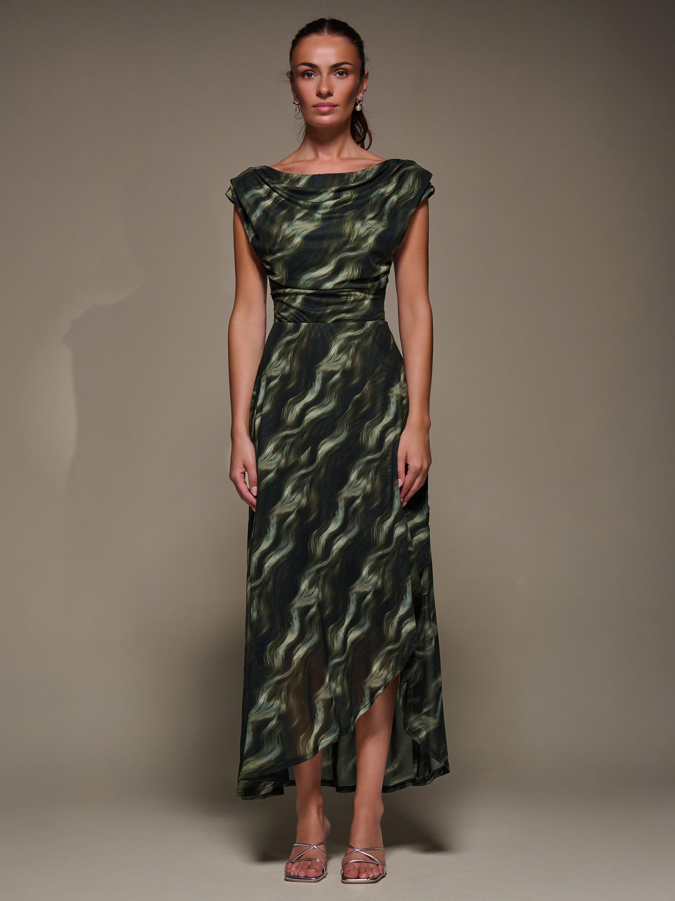 Product image 5 of 6, which shows Jolie Moi Abstract Drape Mesh Maxi Dress, Khaki Abstract, 8