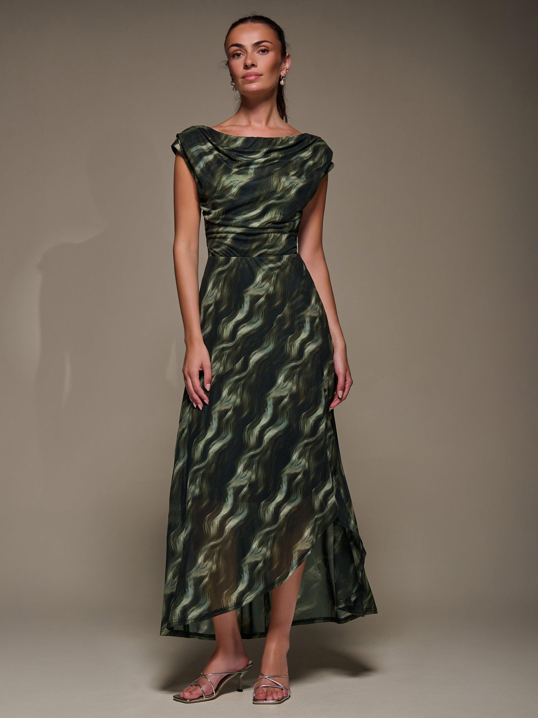 Product image 6 of 6, which shows Jolie Moi Abstract Drape Mesh Maxi Dress, Khaki Abstract, 8