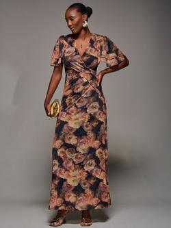 Jolie Moi Angel Sleeve Maxi Dress, Orange Floral, Orange Floral