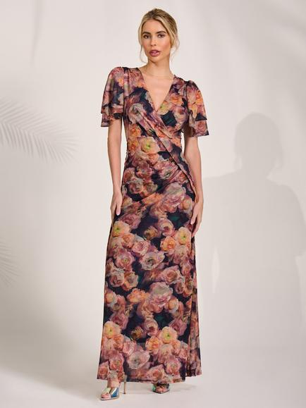 Jolie Moi Angel Sleeve Maxi Dress, Orange Floral, Orange Floral