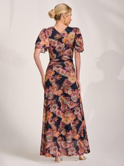 Jolie Moi Angel Sleeve Maxi Dress, Orange Floral - view 2, Orange Floral