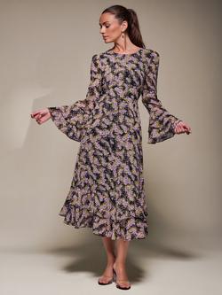 Jolie Moi Chiffon Long Sleeve Frill Dress, Purple Multi, Purple Multi