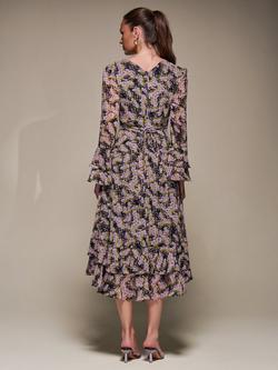 Jolie Moi Chiffon Long Sleeve Frill Dress, Purple Multi - view 2, Purple Multi