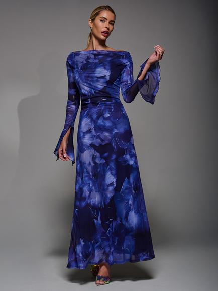 Jolie Moi Abstract Slash Neck Long Sleeve Maxi Dress, Blue Abstract