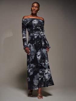 Jolie Moi Abstract Slash Neck Long Sleeve Maxi Dress, Black Abstract