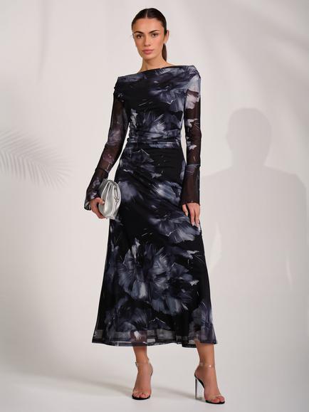 Jolie Moi Abstract Slash Neck Long Sleeve Maxi Dress, Black Abstract