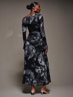 Jolie Moi Abstract Slash Neck Long Sleeve Maxi Dress - view 2, Black Abstract
