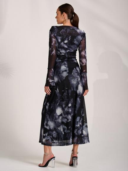 Jolie Moi Abstract Slash Neck Long Sleeve Maxi Dress - view 2, Black Abstract