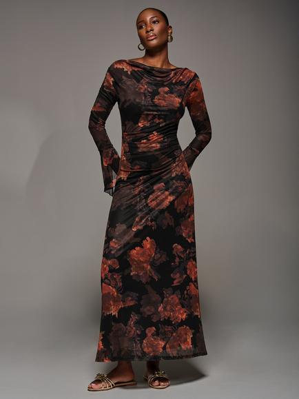 Jolie Moi Abstract Floral Slash Neck Long Sleeve Maxi Dress, Amber Haze, Amber Haze