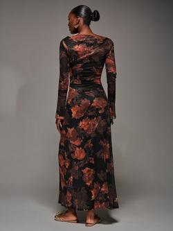 Jolie Moi Abstract Floral Slash Neck Long Sleeve Maxi Dress, Amber Haze - view 2, Amber Haze