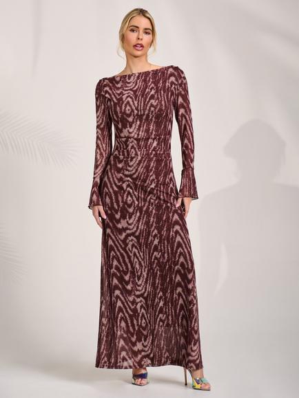 Jolie Moi Abstract Animal Print Slash Neck Long Sleeve Maxi Dress, Brown Animal, Brown Animal