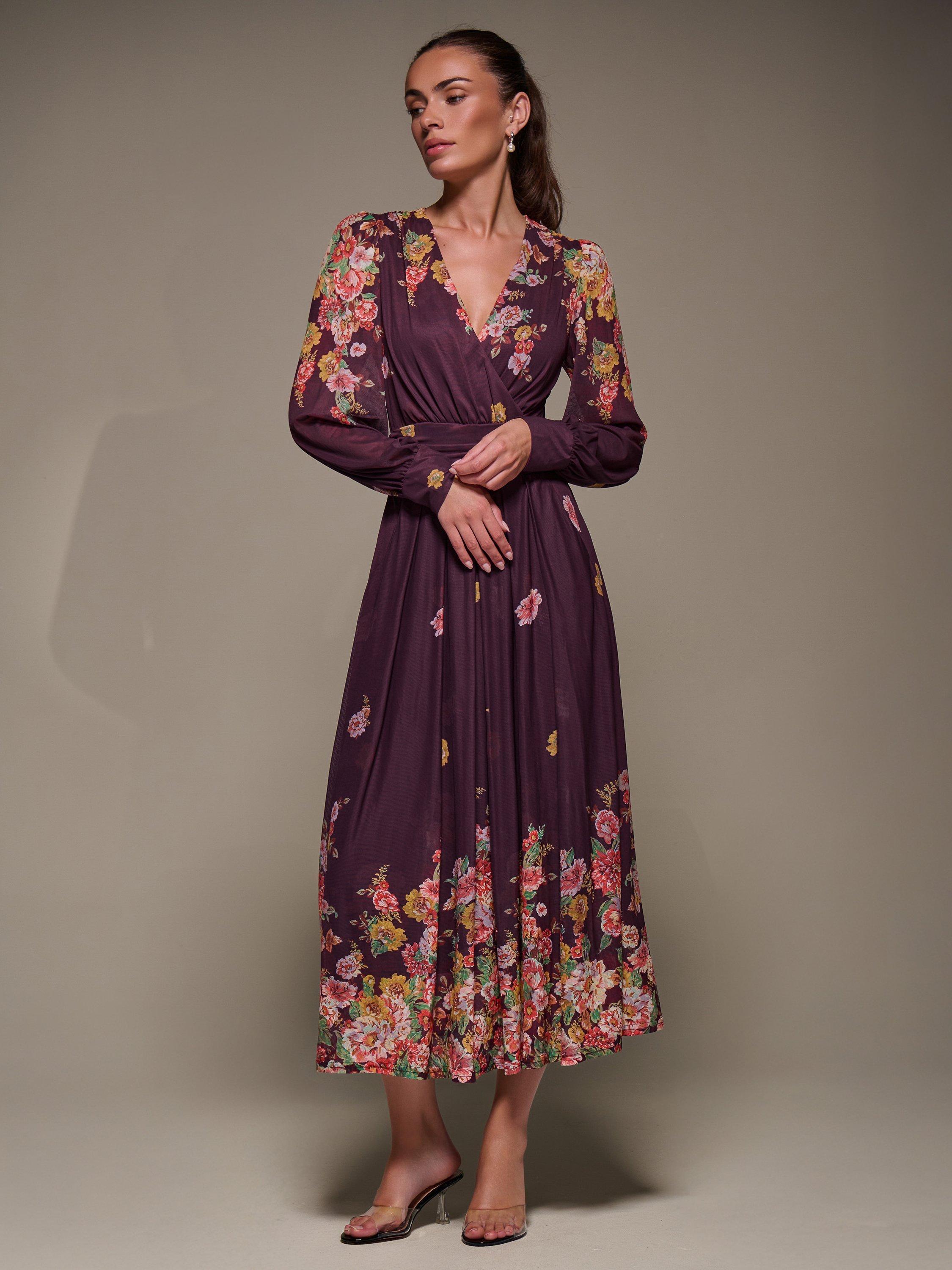 Product image 1 of 6, which shows Jolie Moi Printed Mesh Midaxi Dress , Burgundy Floral, 8