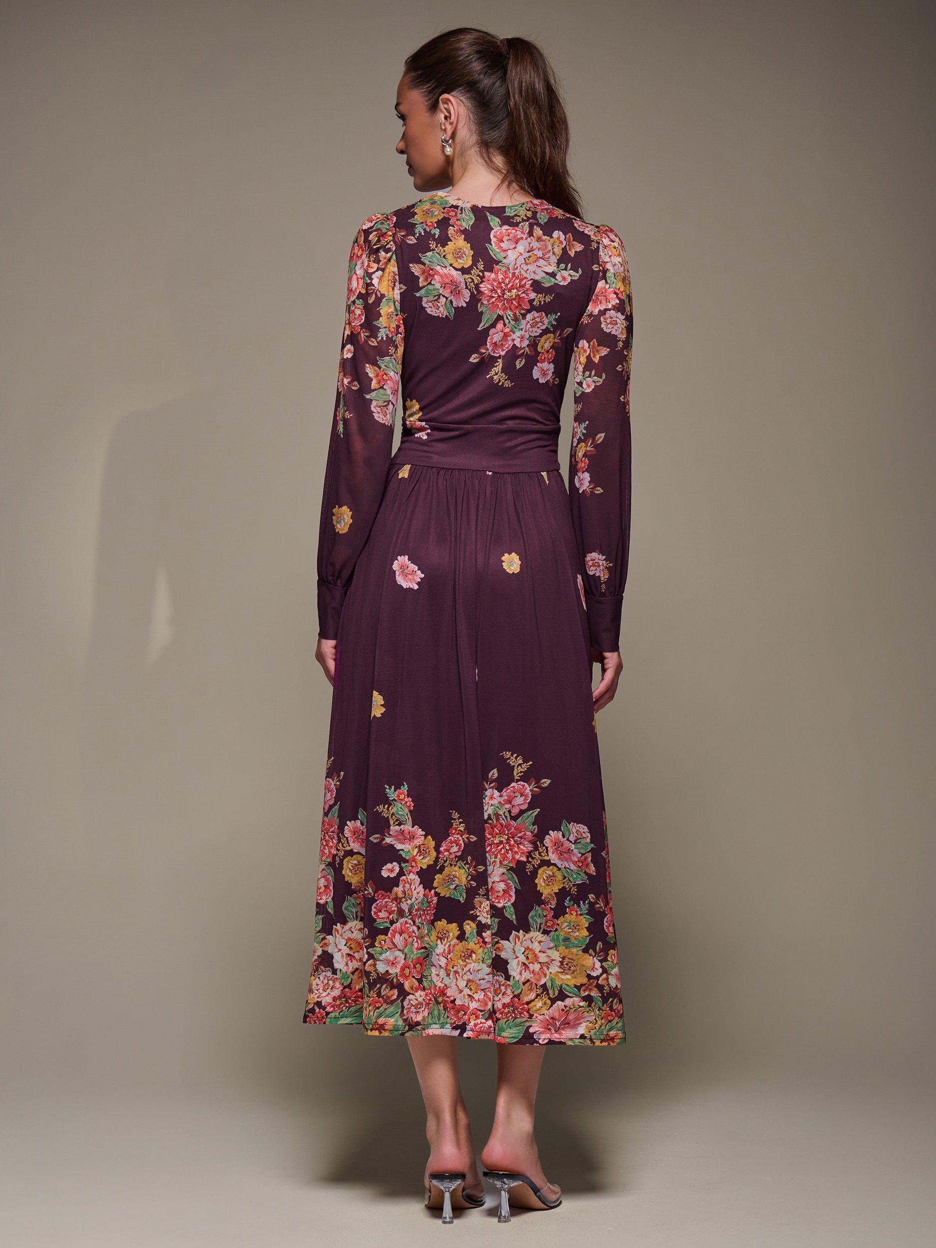 Product image 2 of 6, which shows Jolie Moi Printed Mesh Midaxi Dress , Burgundy Floral, 8