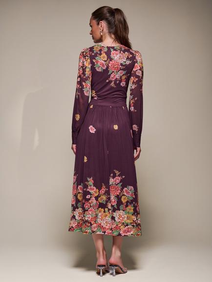 Jolie Moi Printed Mesh Midaxi Dress - view 2, Burgundy Floral