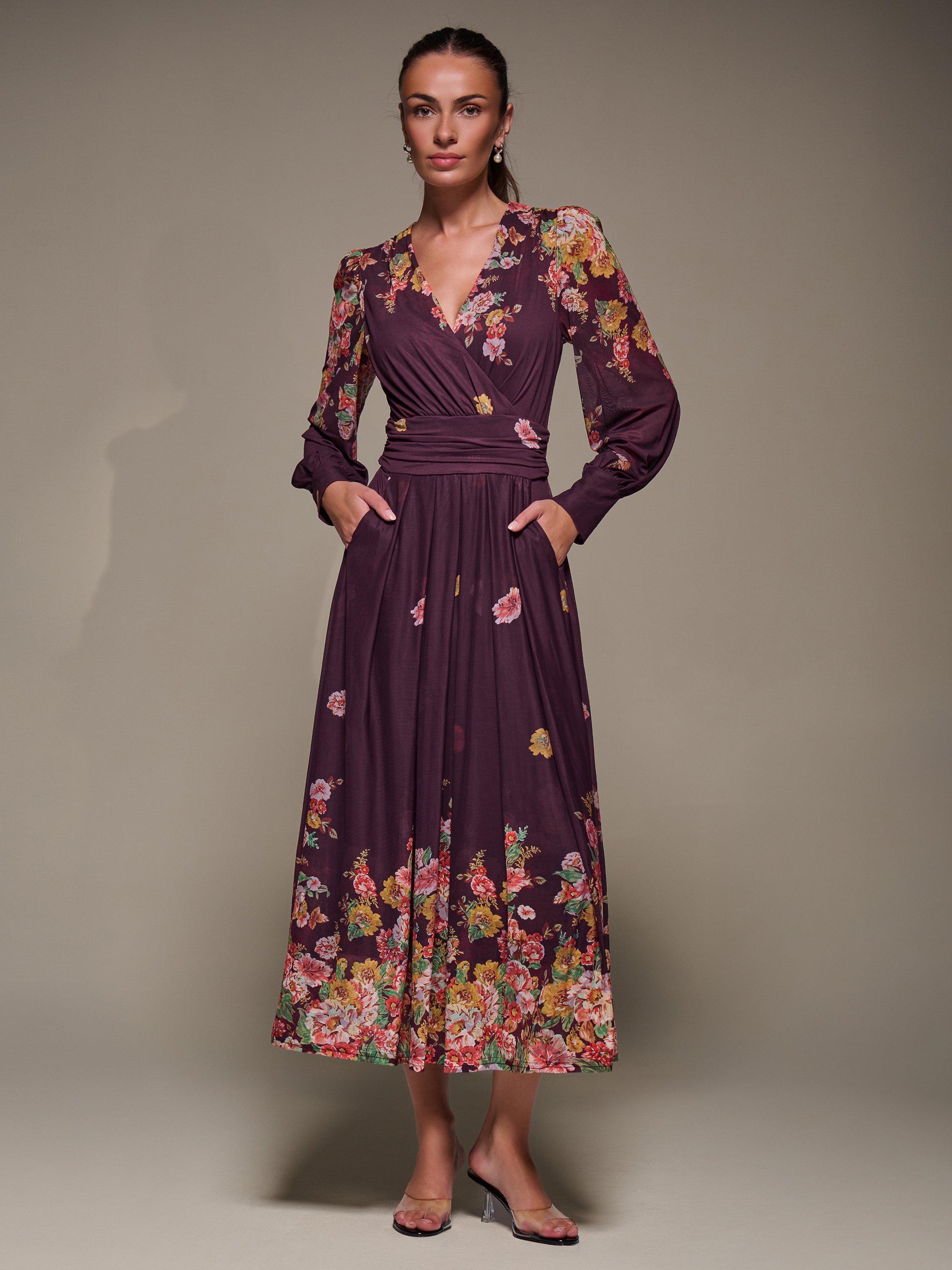 Product image 3 of 6, which shows Jolie Moi Printed Mesh Midaxi Dress , Burgundy Floral, 8