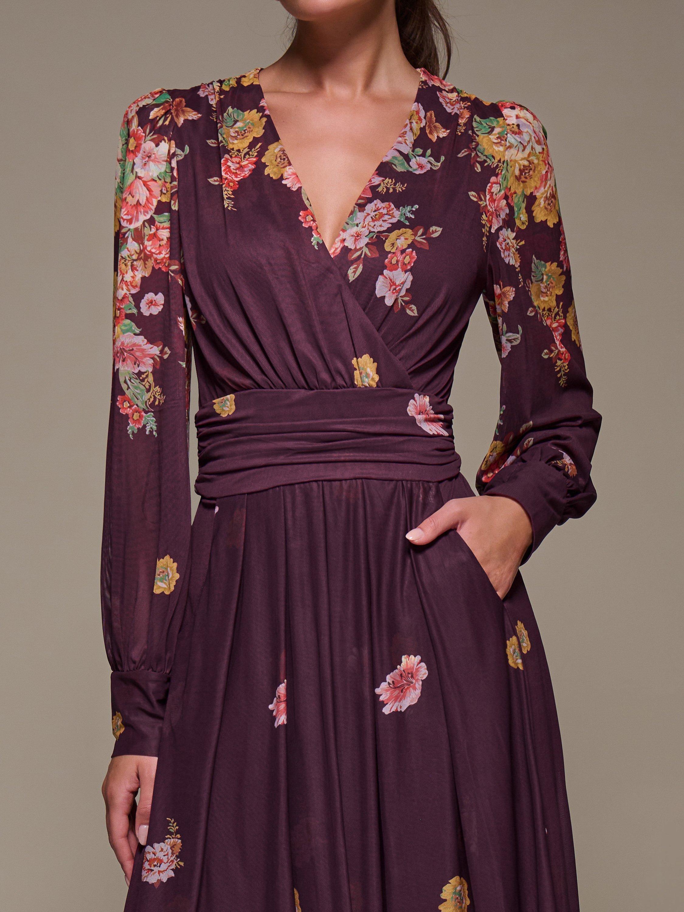 Product image 4 of 6, which shows Jolie Moi Printed Mesh Midaxi Dress , Burgundy Floral, 8
