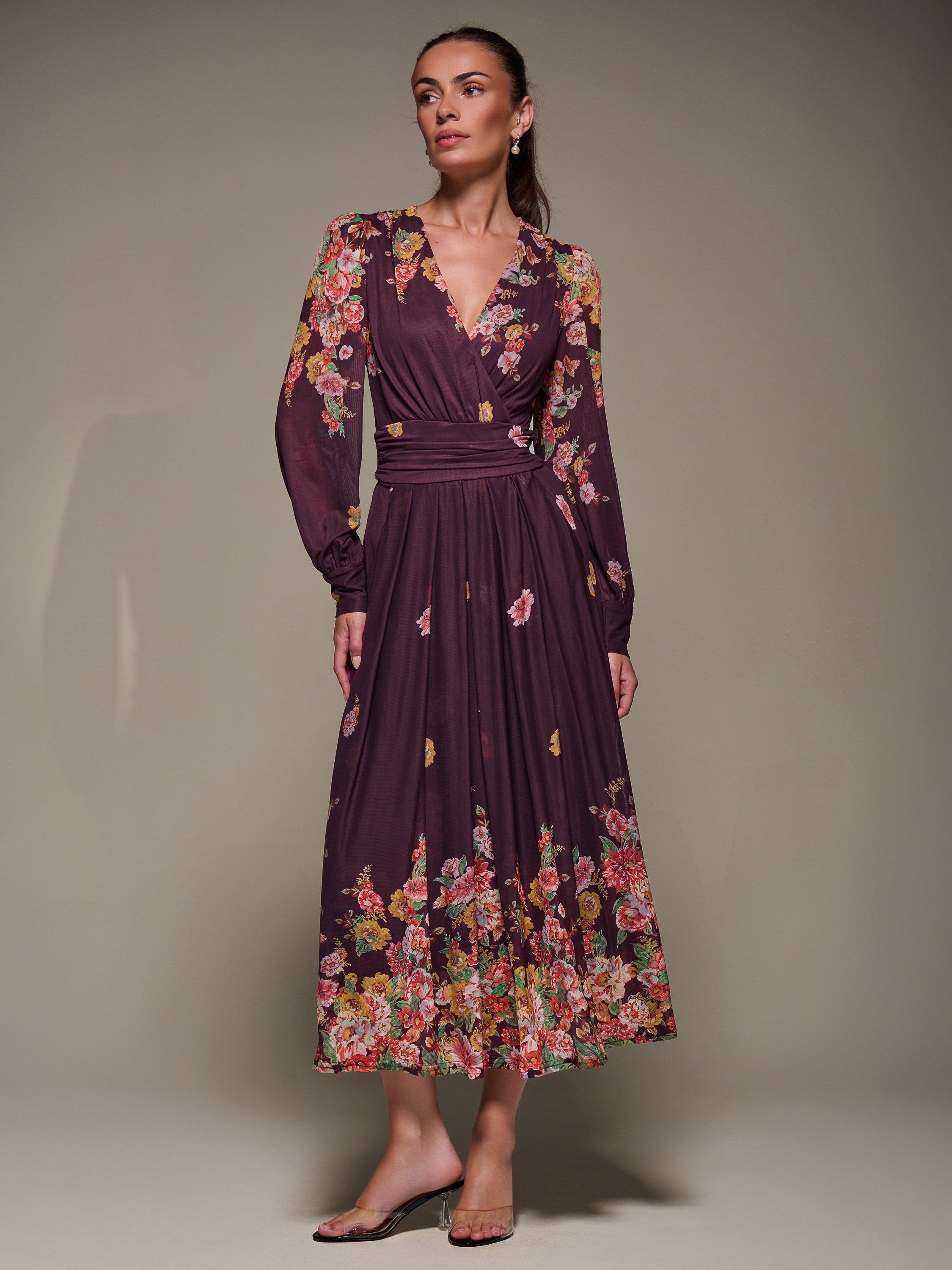 Product image 5 of 6, which shows Jolie Moi Printed Mesh Midaxi Dress , Burgundy Floral, 8