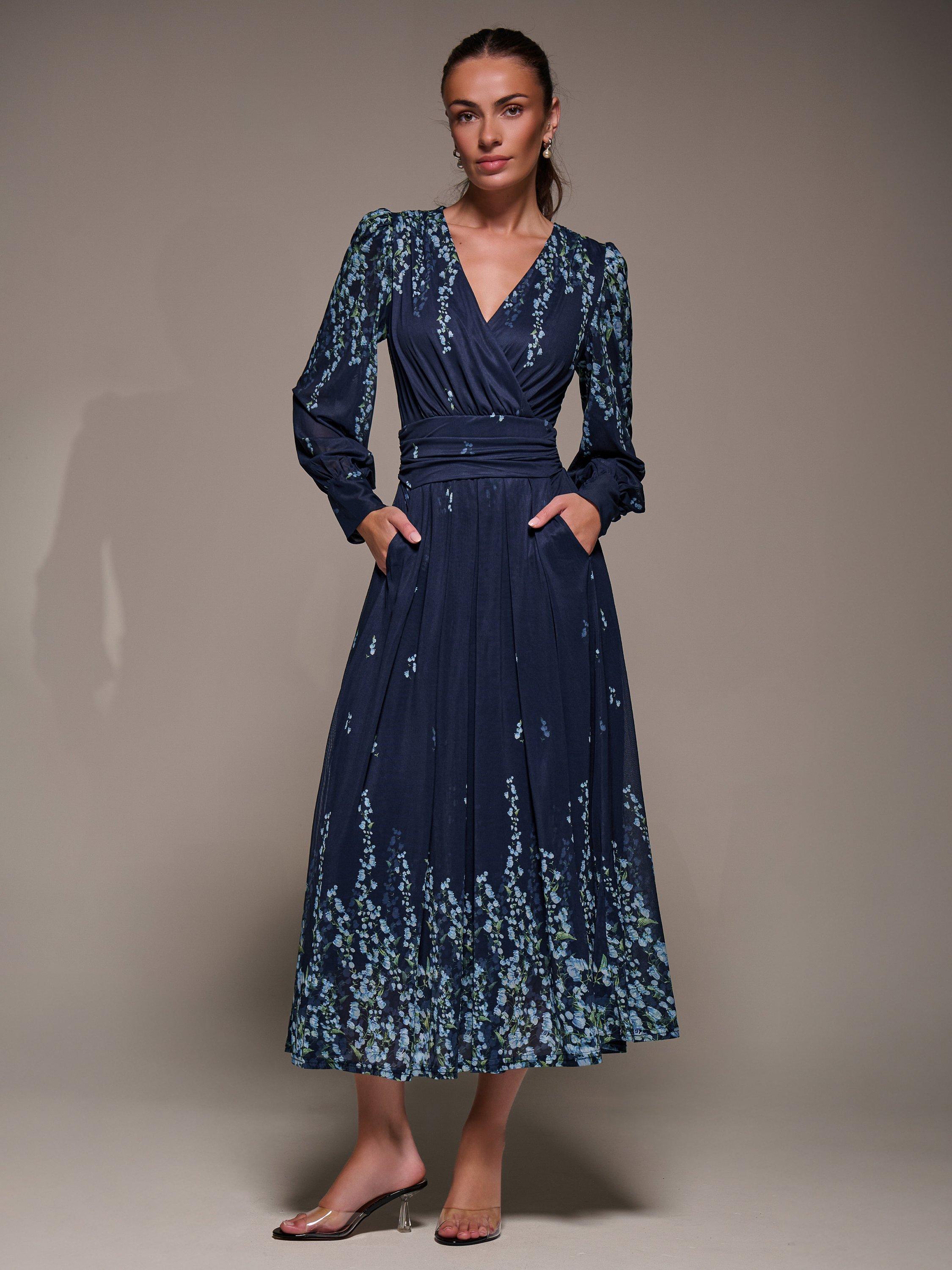 Product image 1 of 11, which shows Jolie Moi Printed Mesh Midaxi Dress , Blue Floral, 8