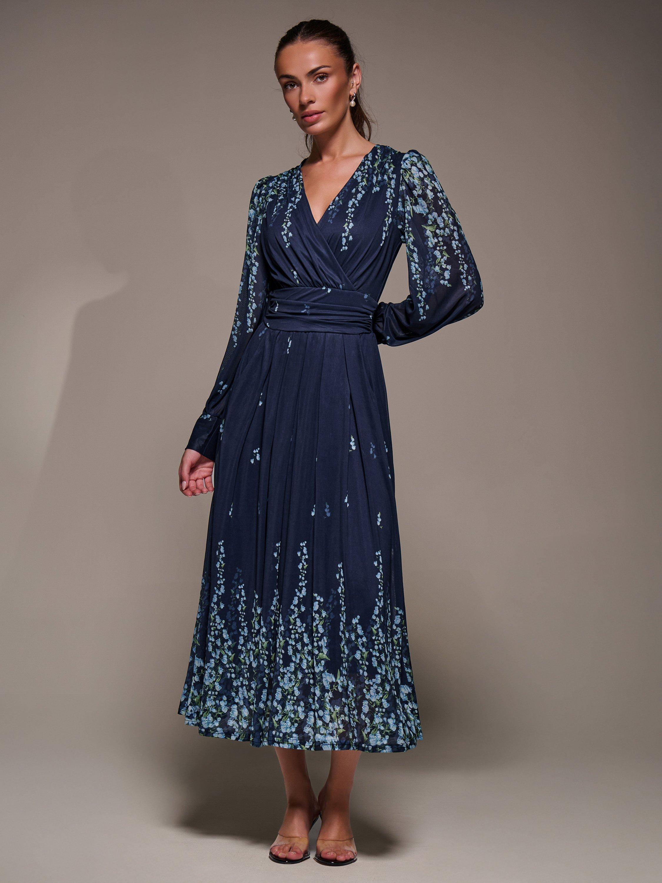 Product image 3 of 11, which shows Jolie Moi Printed Mesh Midaxi Dress , Blue Floral, 8