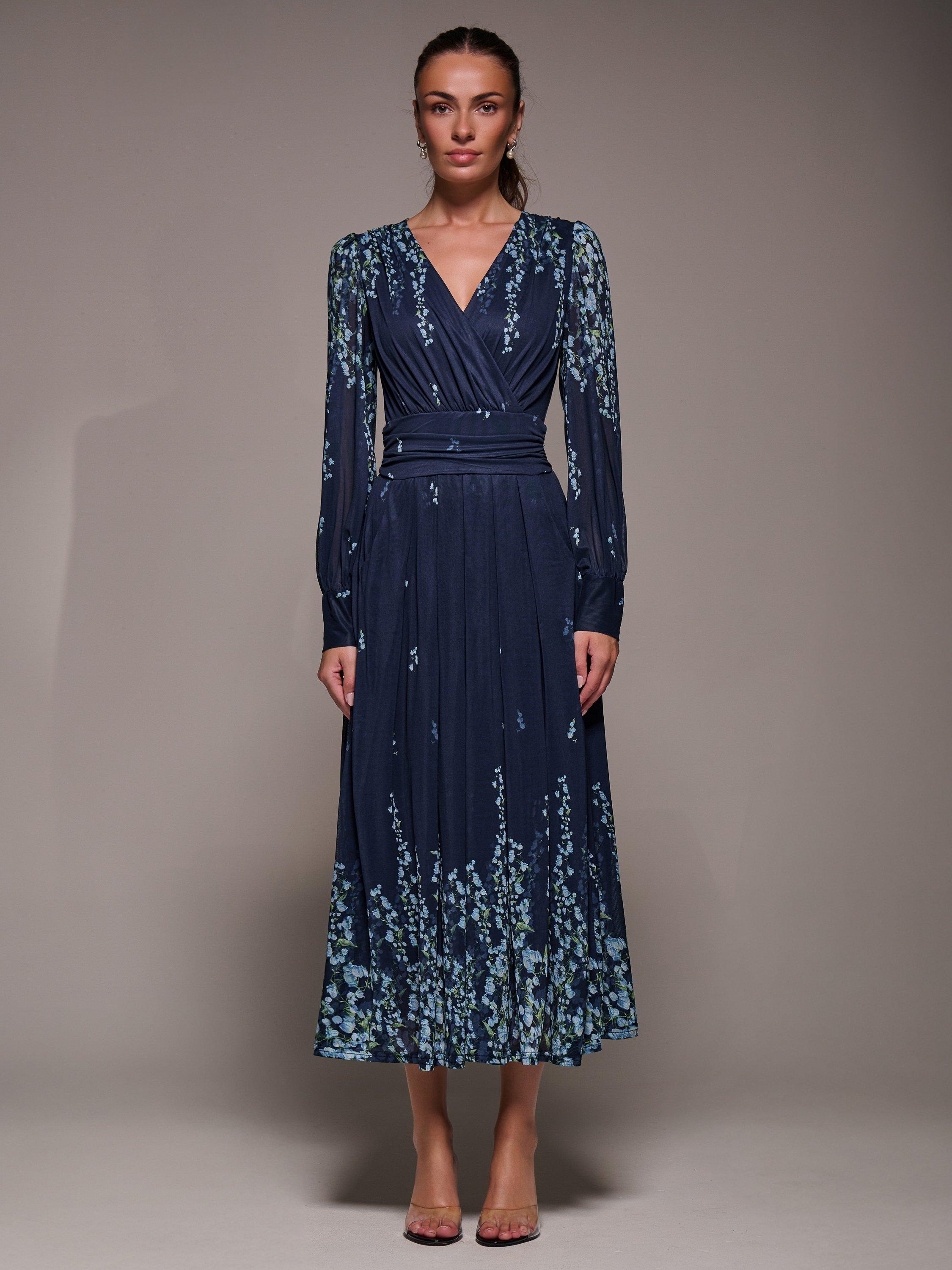 Product image 5 of 11, which shows Jolie Moi Printed Mesh Midaxi Dress , Blue Floral, 8