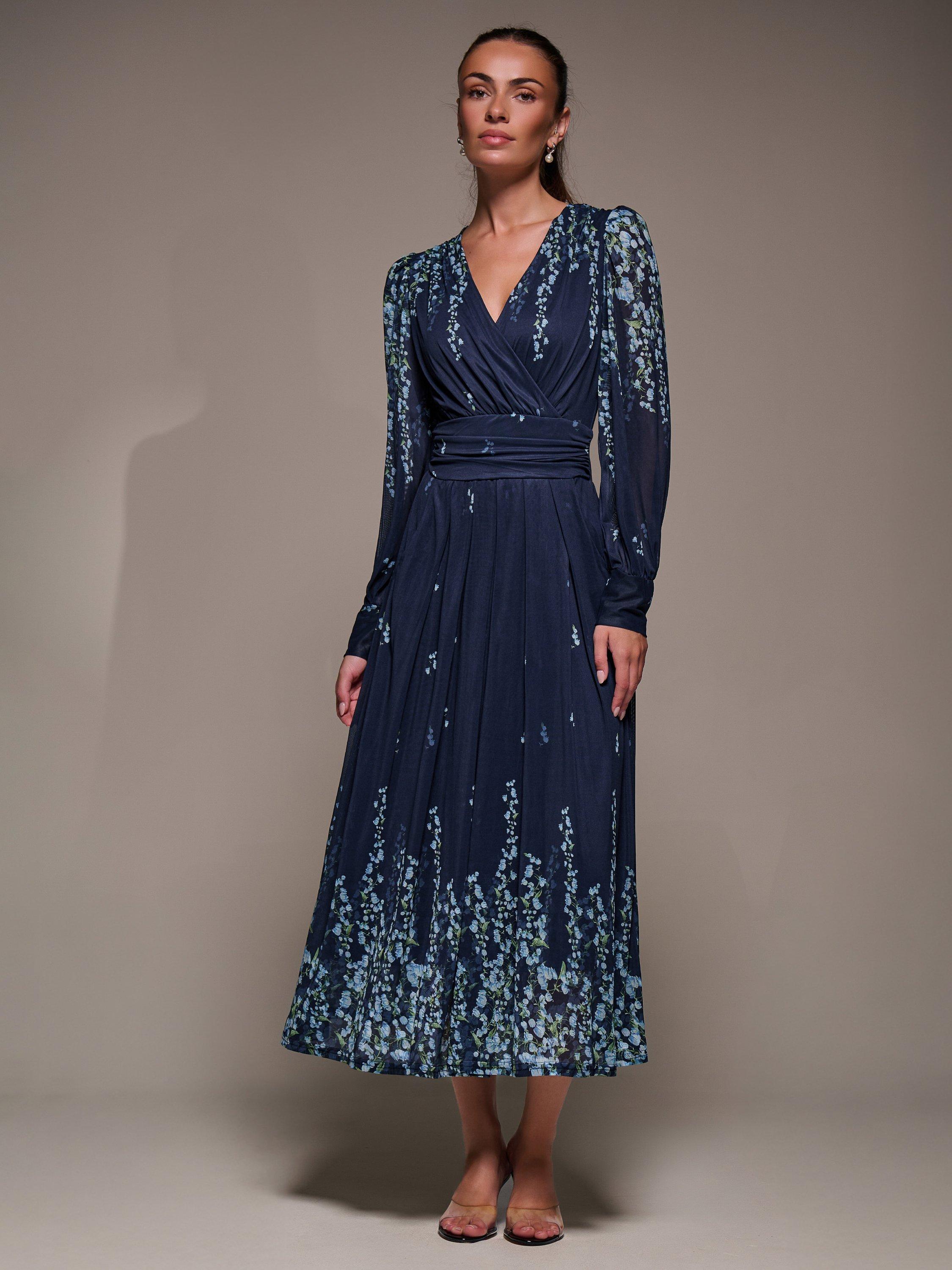 Product image 6 of 11, which shows Jolie Moi Printed Mesh Midaxi Dress , Blue Floral, 8