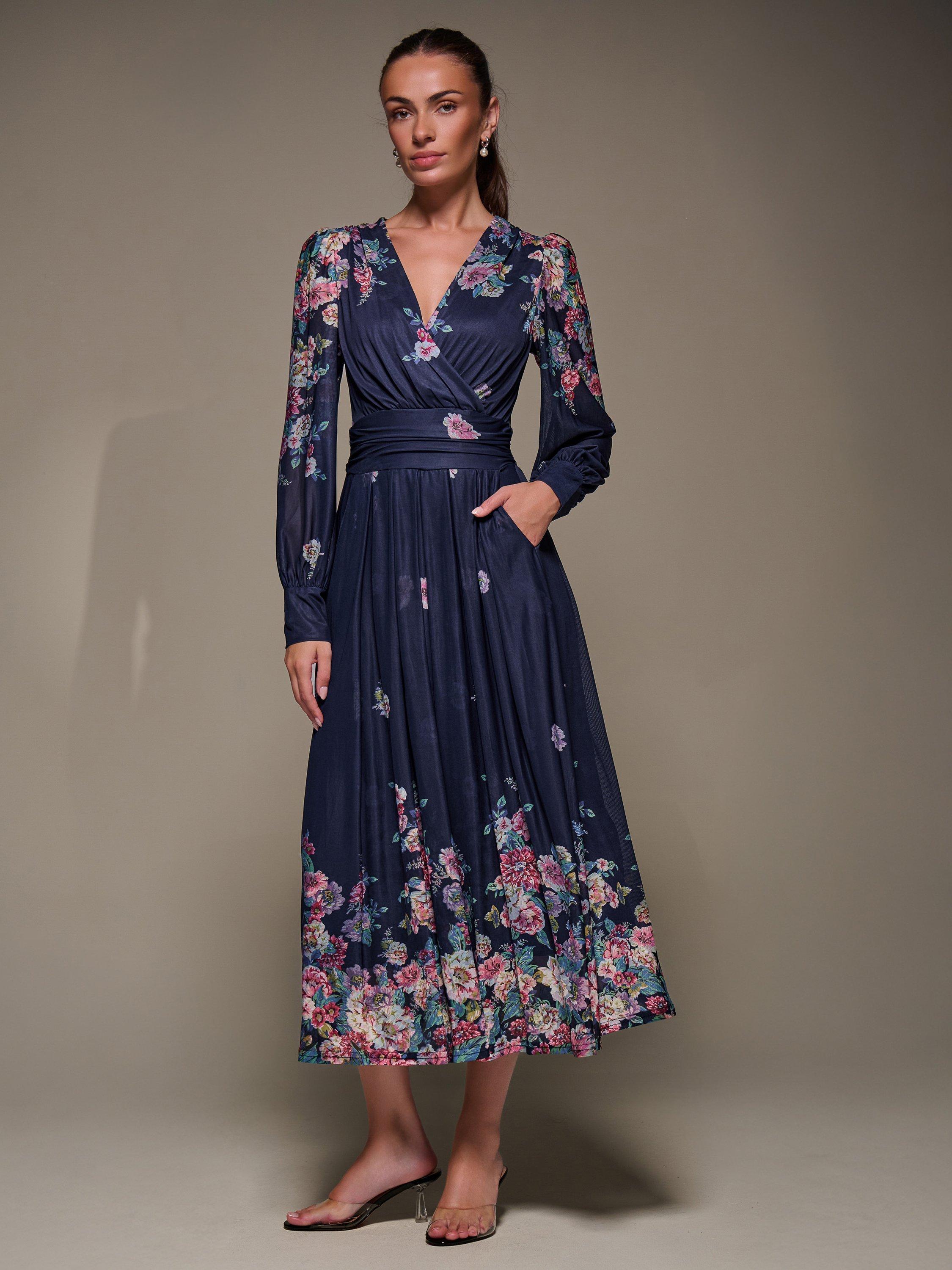 Product image 1 of 6, which shows Jolie Moi Printed Mesh Midaxi Dress , Navy Floral, 8