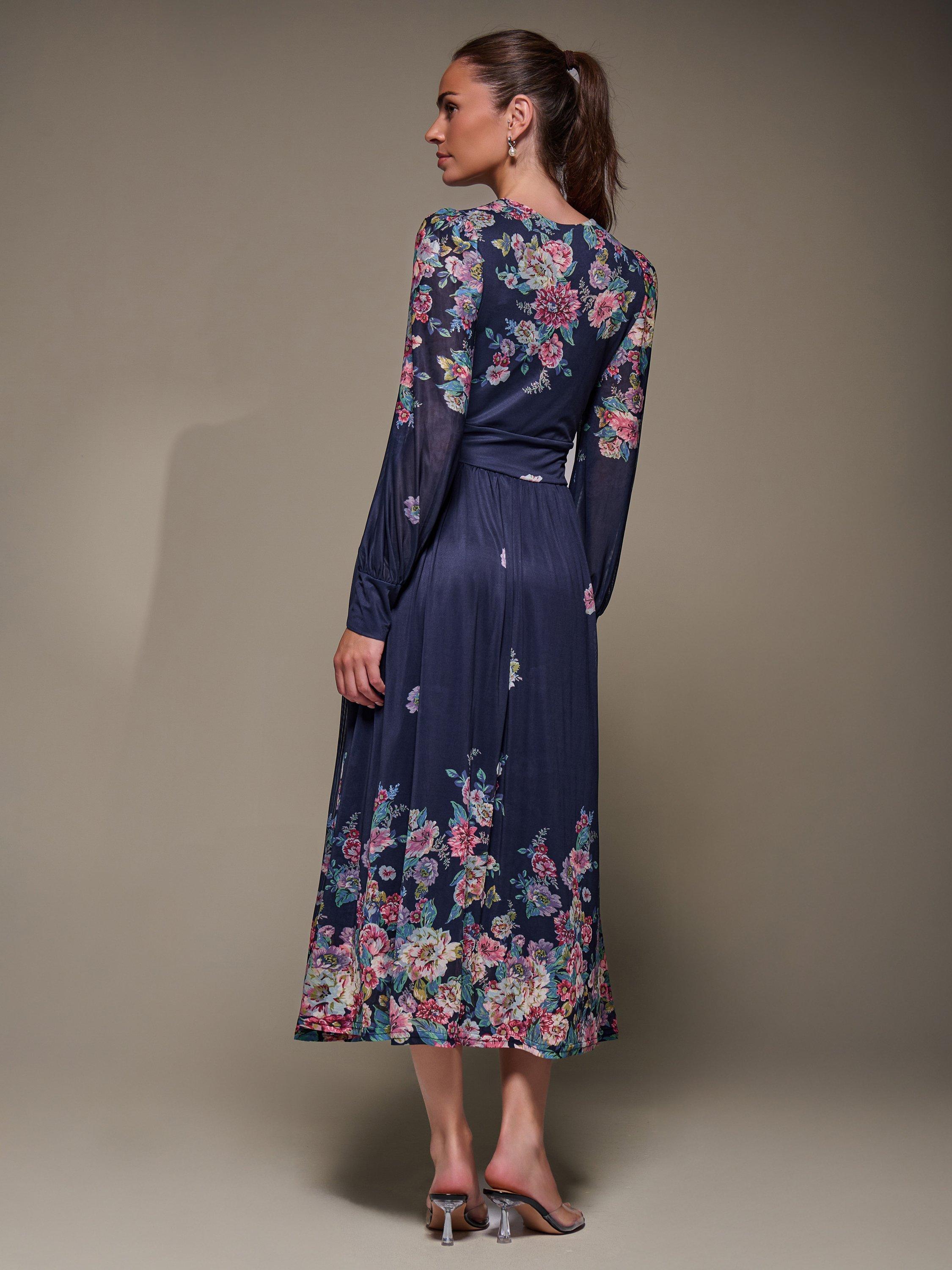 Product image 2 of 6, which shows Jolie Moi Printed Mesh Midaxi Dress , Navy Floral, 8