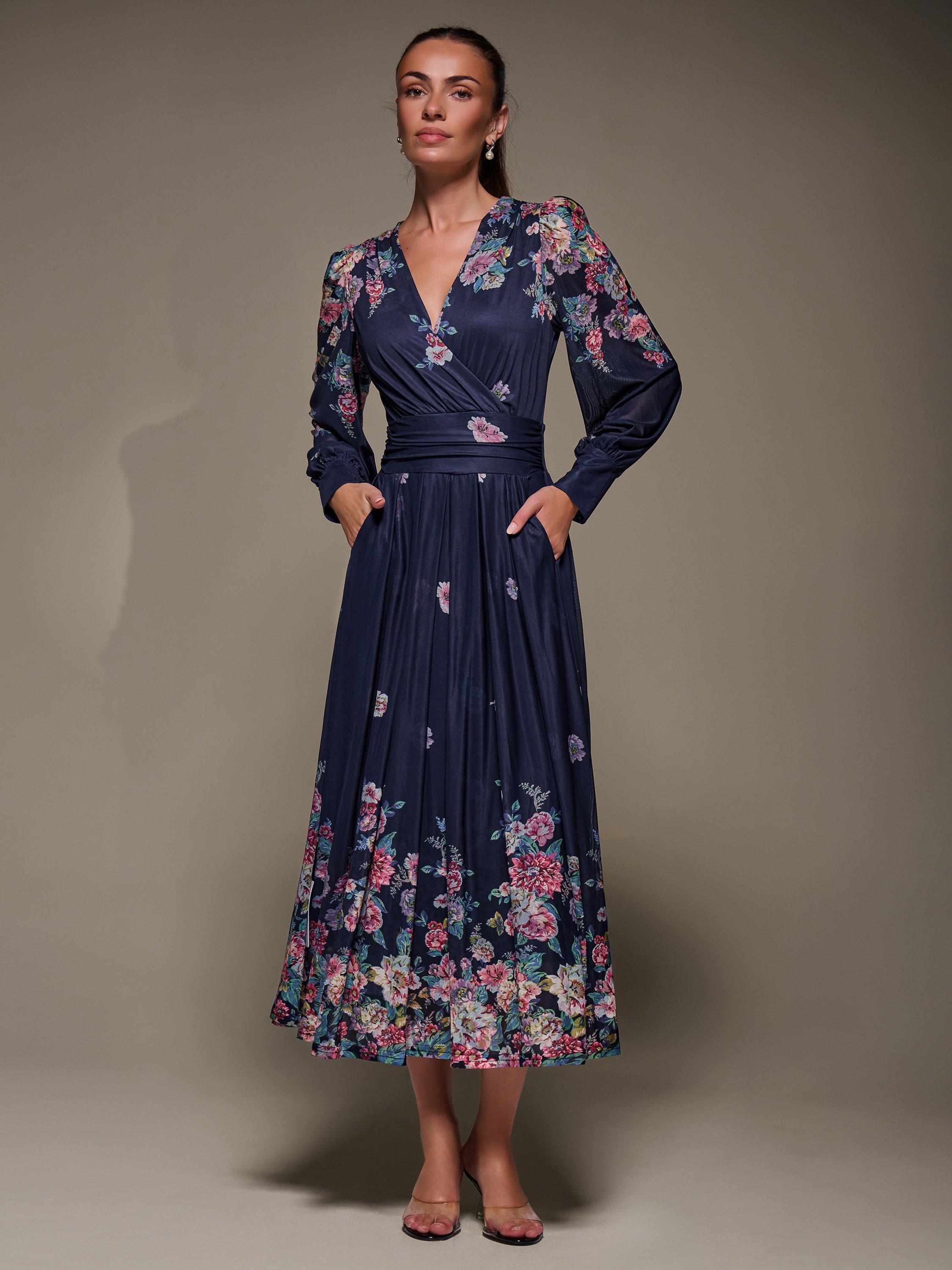 Product image 3 of 6, which shows Jolie Moi Printed Mesh Midaxi Dress , Navy Floral, 8