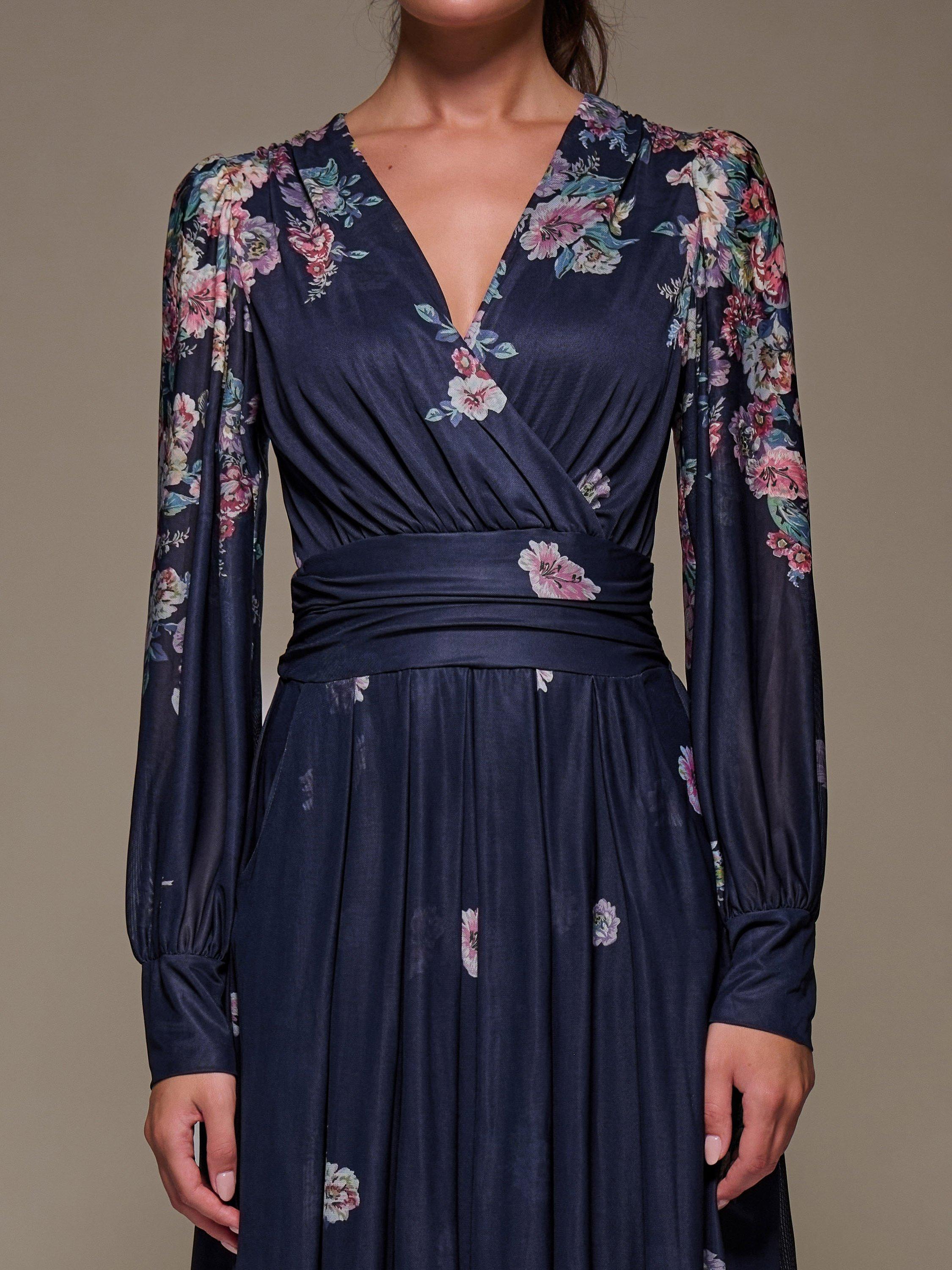 Product image 4 of 6, which shows Jolie Moi Printed Mesh Midaxi Dress , Navy Floral, 8