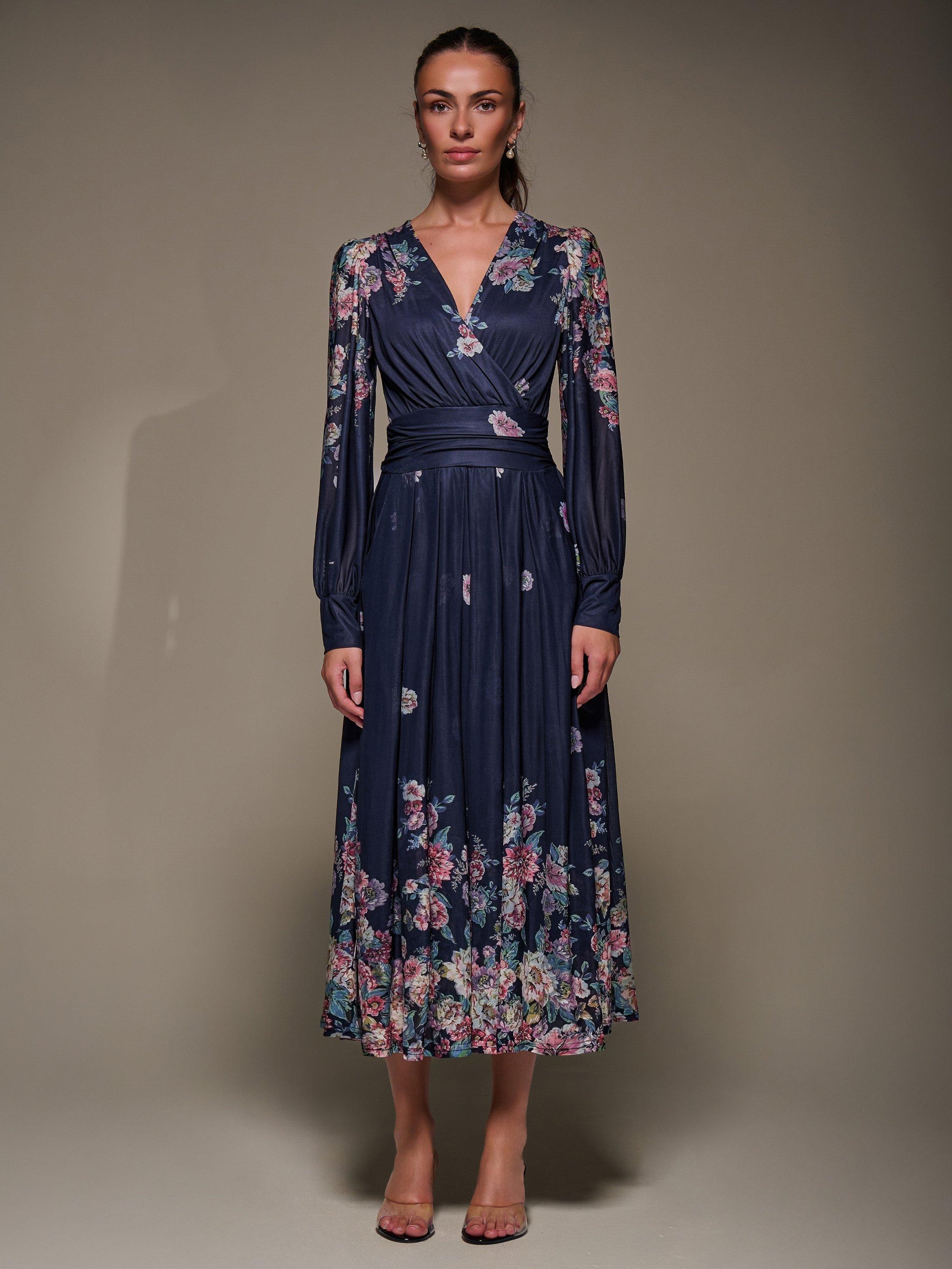 Product image 5 of 6, which shows Jolie Moi Printed Mesh Midaxi Dress , Navy Floral, 8