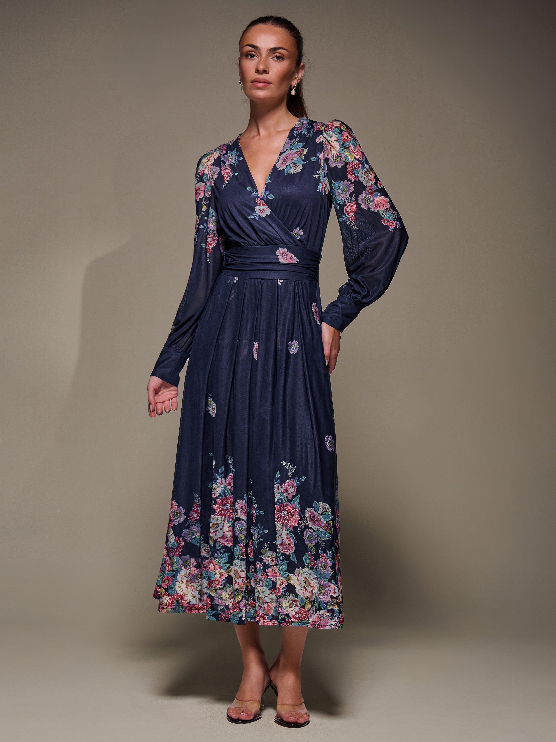 Product image 6 of 6, which shows Jolie Moi Printed Mesh Midaxi Dress , Navy Floral, 8
