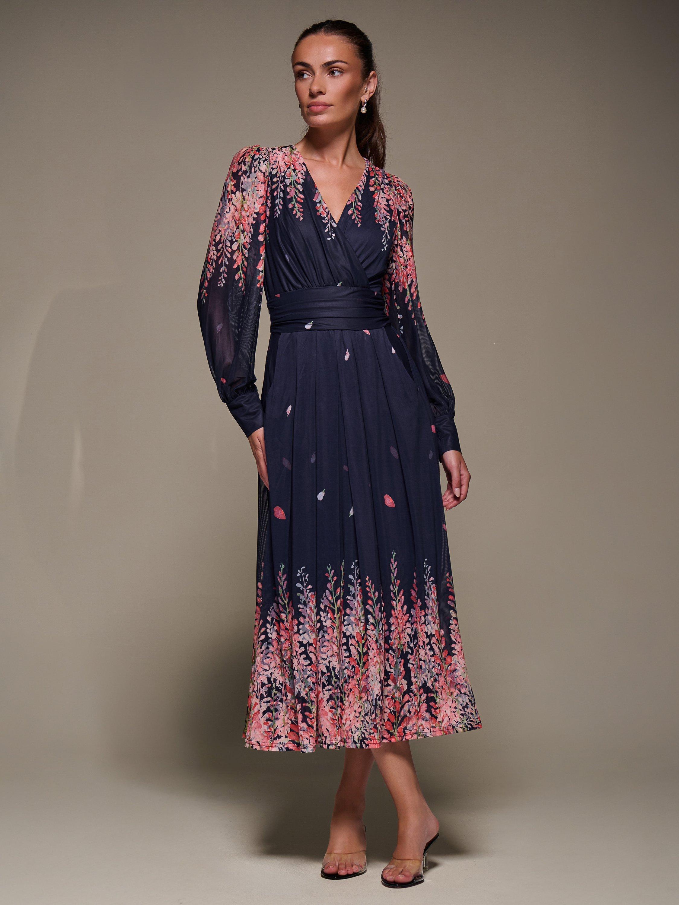 Product image 1 of 6, which shows Jolie Moi Printed Mesh Midaxi Dress , Pink Leaf, 8