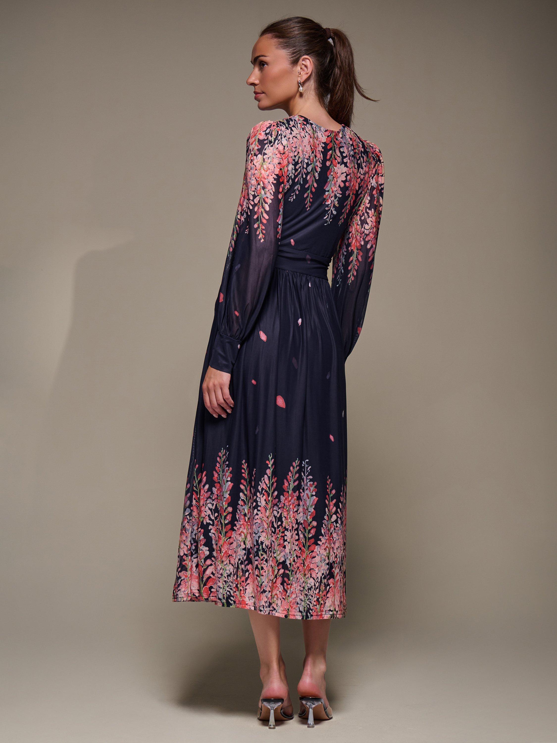 Product image 2 of 6, which shows Jolie Moi Printed Mesh Midaxi Dress , Pink Leaf, 8