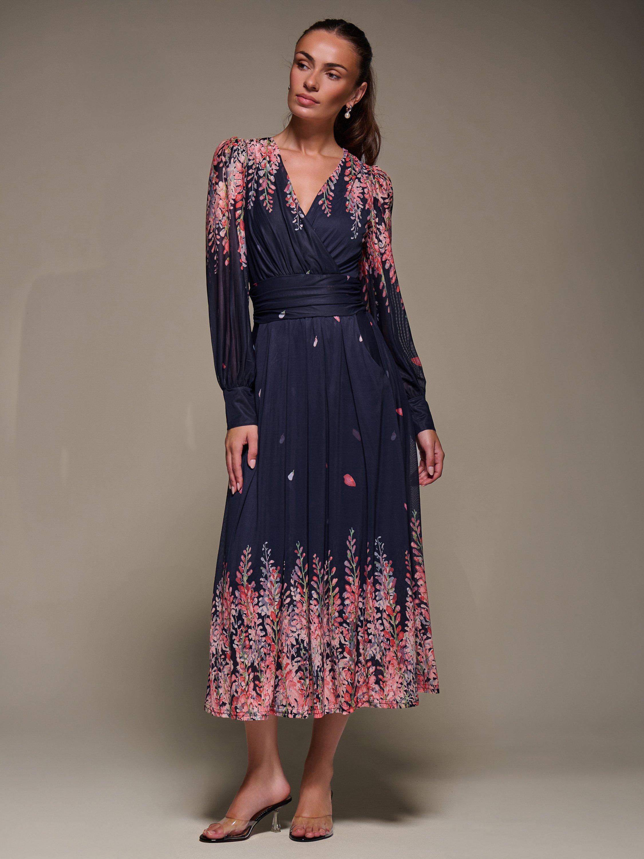 Product image 3 of 6, which shows Jolie Moi Printed Mesh Midaxi Dress , Pink Leaf, 8