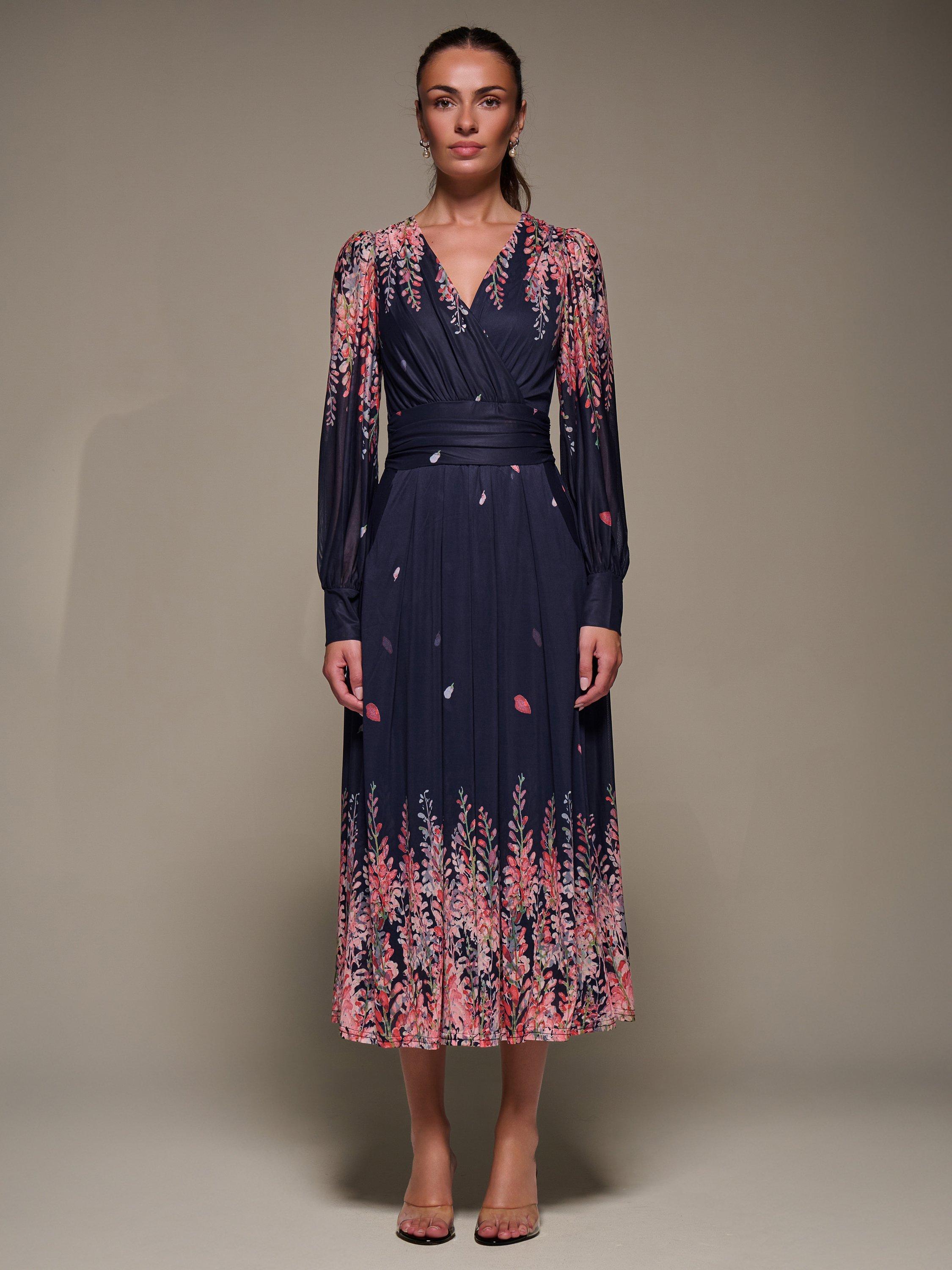 Product image 5 of 6, which shows Jolie Moi Printed Mesh Midaxi Dress , Pink Leaf, 8