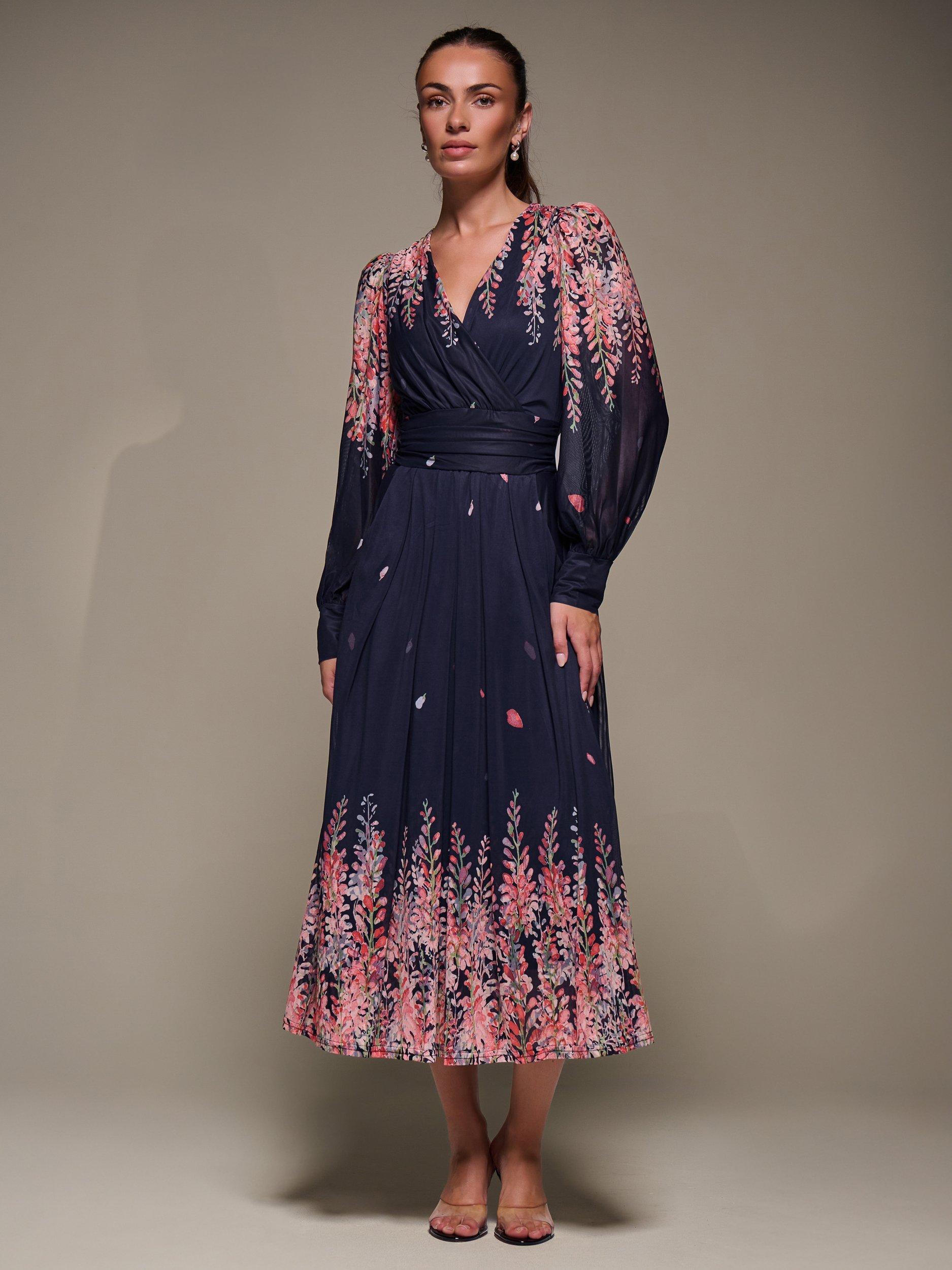 Product image 6 of 6, which shows Jolie Moi Printed Mesh Midaxi Dress , Pink Leaf, 8