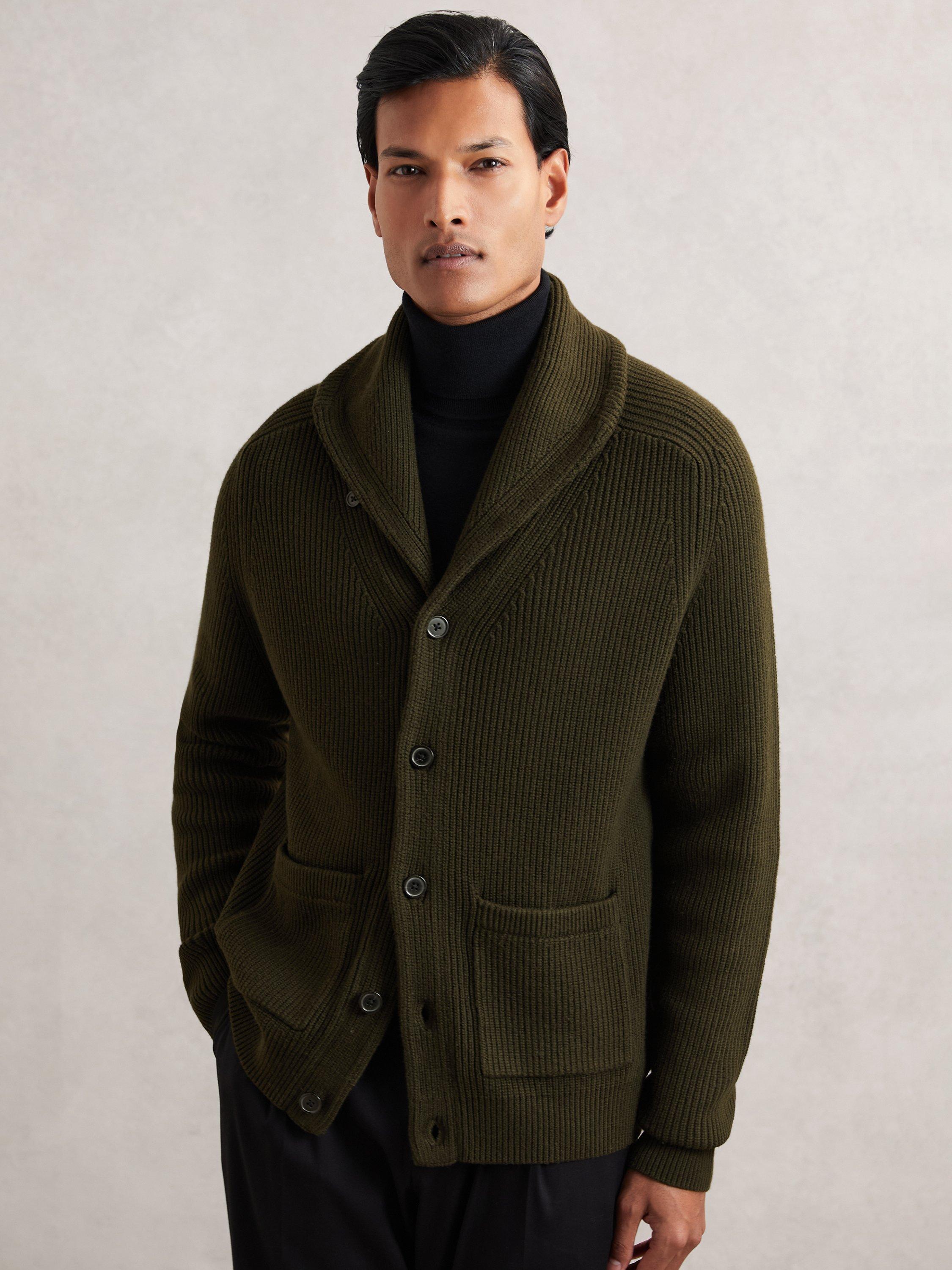 Product image 1 of 5, which shows Reiss Cannon Cardigan, Dark Olive, L