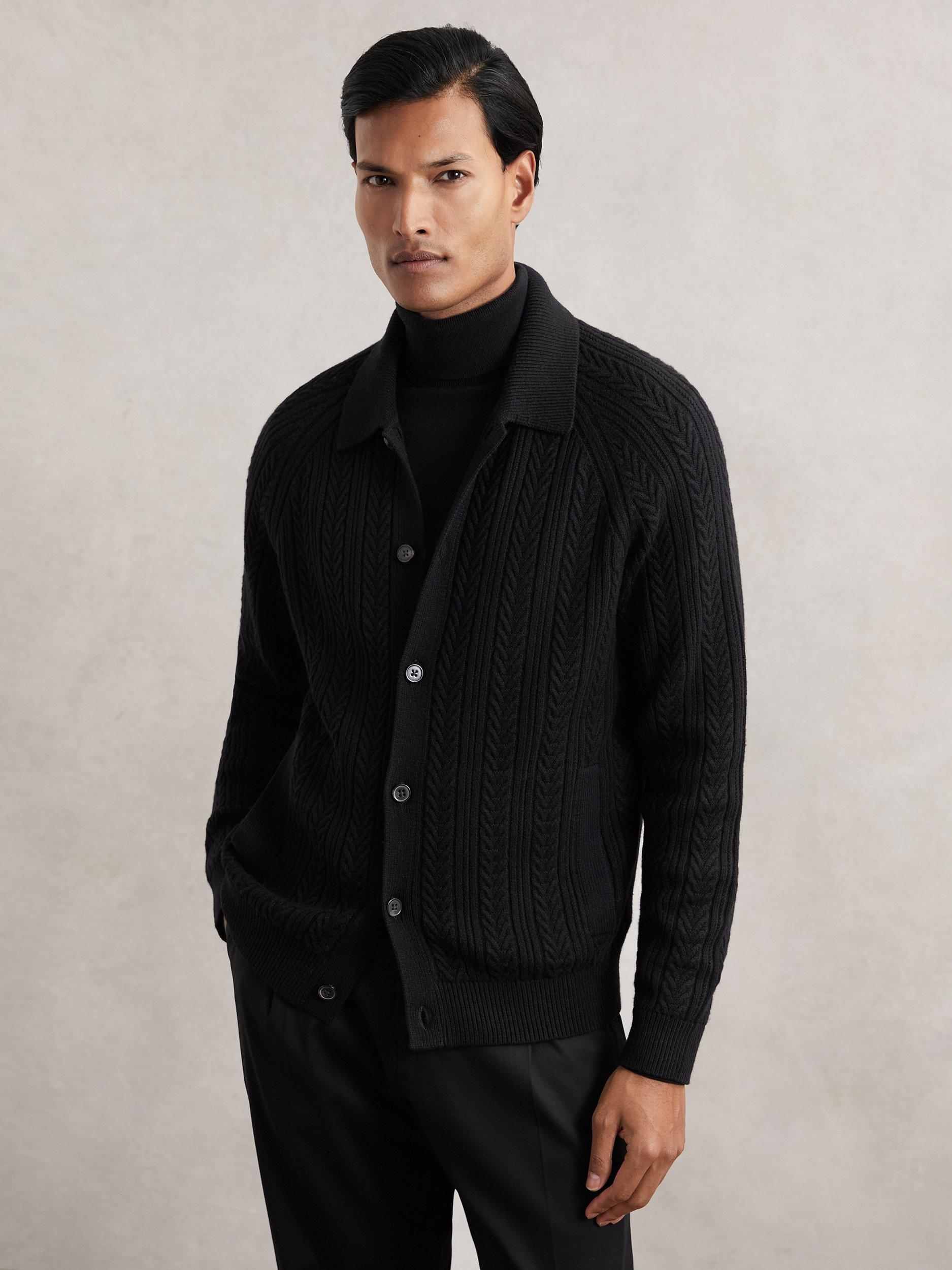 Product image 1 of 5, which shows Reiss Martley Cable Knit Cardigan, Black, L